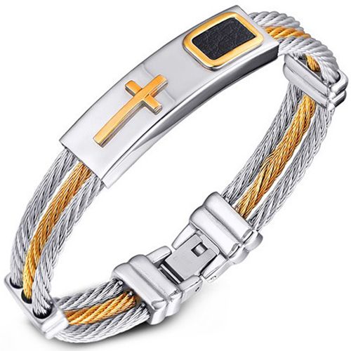COI Titanium Black Gold Tone Silver Cross Bracelet With Steel Clasp(Length: 7.87 inches)-8524BB