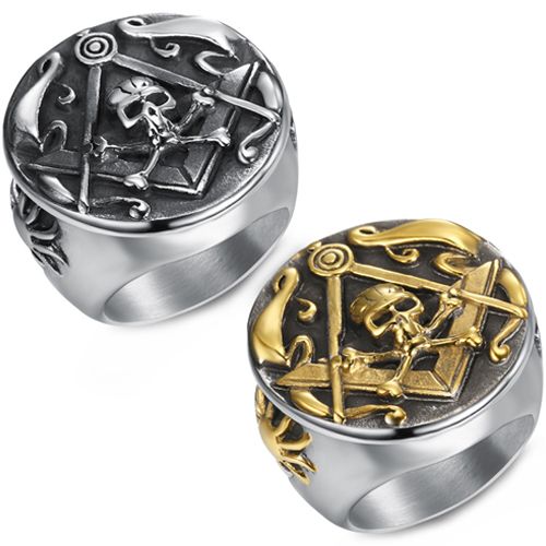 **COI Titanium Black Gold Tone/Silver Masonic Freemason Skull Ring-8557BB