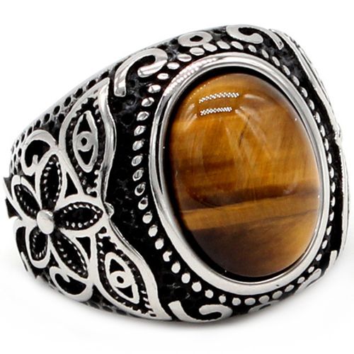 **COI Titanium Black Gold Tone/Silver Ring With Tiger Eye-8575BB