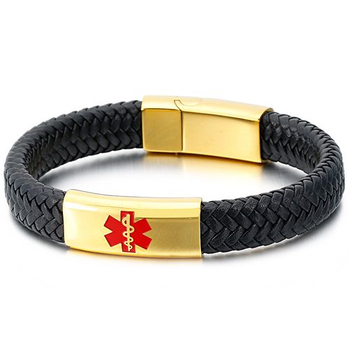 COI Titanium Gold Tone/Silver Medical Alert Bracelet With Black Leather & Steel Clasp(Length: 8.66 inches)-8586BB