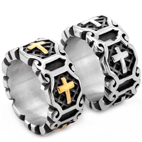 **COI Titanium Black Gold Tone Silver/Black Silver Cross Ring-8587BB