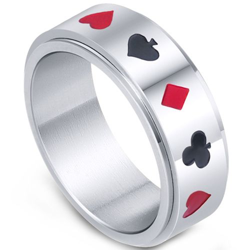 **COI Titanium Black Red Silver Aces of Spade, Club, Diamond & Heart Step Edges Ring-8605BB