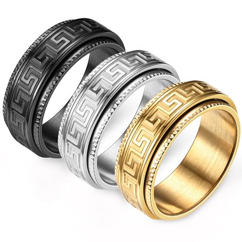 **COI Titanium Black/Gold Tone/Silver Greek Key Pattern Step Edges Ring-8636BB