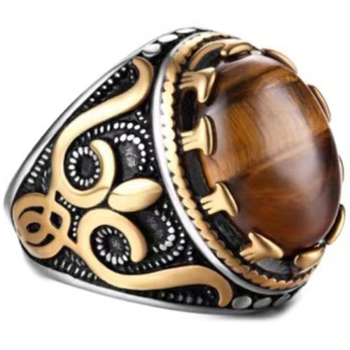 **COI Titanium Black Gold Tone Silver Ring With Tiger Eye-8674BB