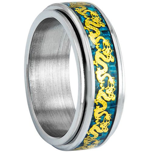 **COI Titanium Gold Tone/Silver Dragon Beveled Edges Ring With Carbon Fiber-8676BB