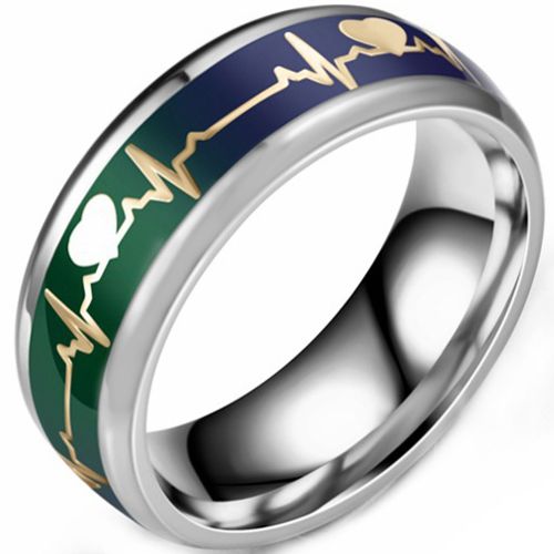 **COI Titanium Green Gold Tone Heartbeat & Heart Beveled Edges Ring-8689BB