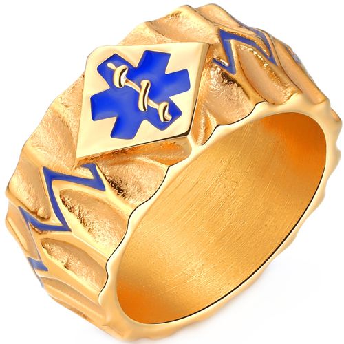 **COI Titanium Gold Tone Blue Medical Alert Ring-8706BB
