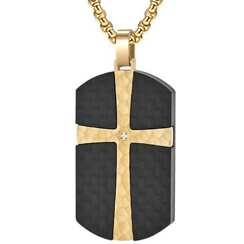 **COI Titanium Gold Tone/Silver Cross Carbon Fiber Pendant With Cubic Zirconia-8784BB