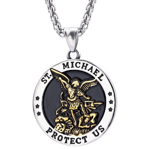 **COI Titanium Black Gold Tone Silver/Black Silver St Michael Protect Us Pendant-8891BB