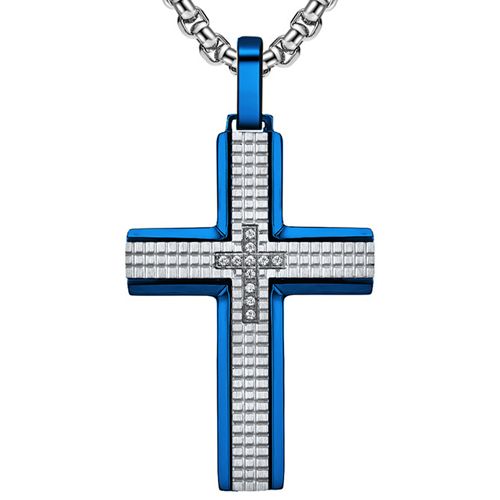 **COI Titanium Black/Gold Tone/Blue Silver Cross Pendant With Cubic Zirconia-8938BB