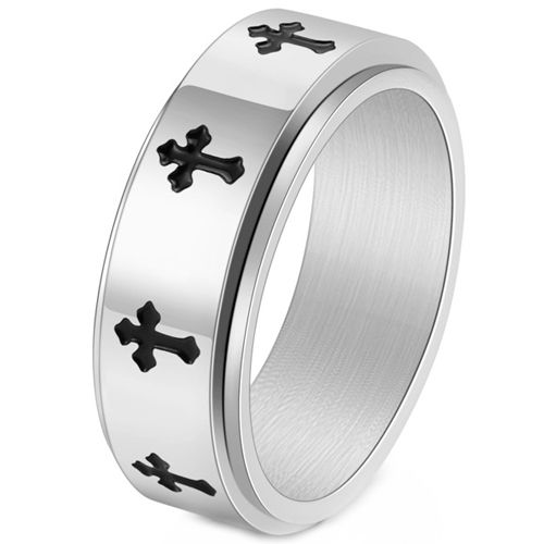 **COI Titanium Black/Gold Tone/Silver Cross Step Edges Ring-8964BB