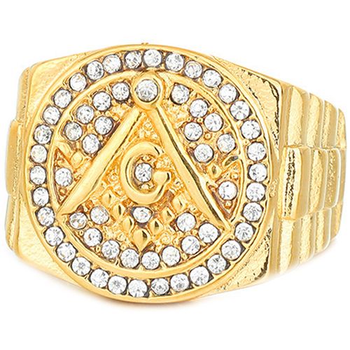 **COI Gold Tone Titanium Masonic Freemason Ring With Cubic Zirconia-8974BB