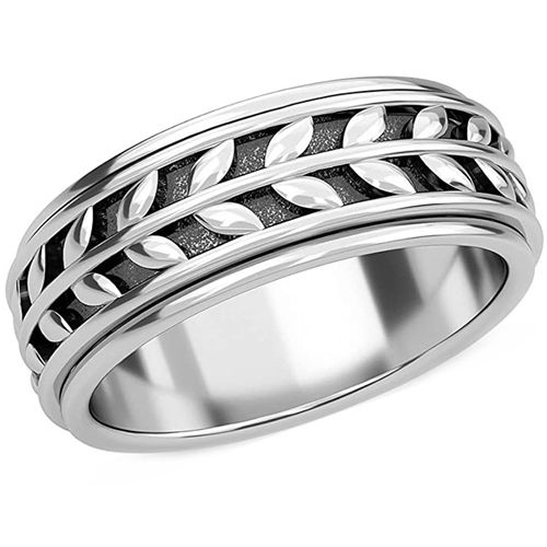 **COI Titanium Black Silver Step Edges Rotating Ring With Leaves-9035BB
