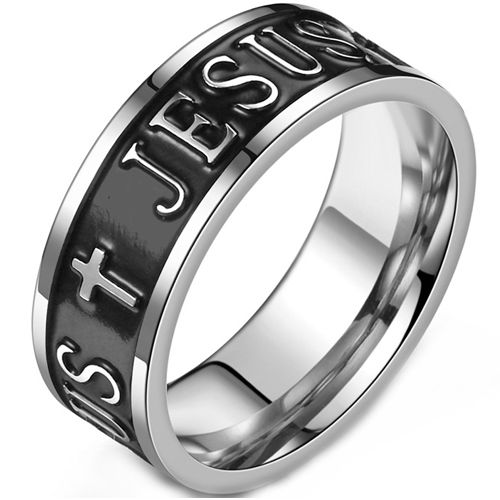 **COI Titanium Black Silver Jesus & Cross Ring-9040BB