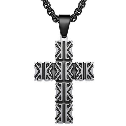 **COI Titanium Silver Black/Gold Tone/Silver Grooves Cross Pendant-9151BB