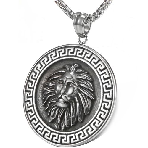 **COI Titanium Black Silver Lion Head Greek Key Pattern Pendant-9156BB