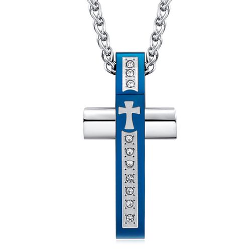 **COI Titanium Black/Blue/Gold Tone Silver Cross Pendant With Cubic Zirconia-9254BB