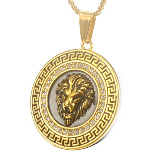 **COI Titanium Gold Tone/Silver Lion Greek Key Pendant With Cubic Zirconia-9278BB