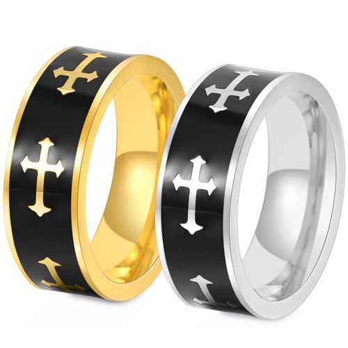 **COI Titanium Gold Tone/Silver Black Cross Pipe Cut Flat Ring-9445BB