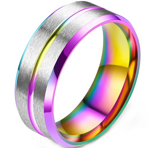 **COI Titanium Rainbow & Silver Center Groove Beveled Edges Ring-9446BB