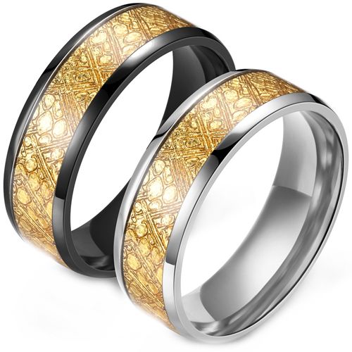 **COI Titanium Black/Silver Beveled Edges Ring With Gold Tone Meteorite-9466BB