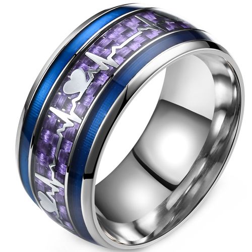 **COI Titanium Blue Purple Silver Heartbeat & Heart Dome Court Ring With Carbon Fiber-9518BB