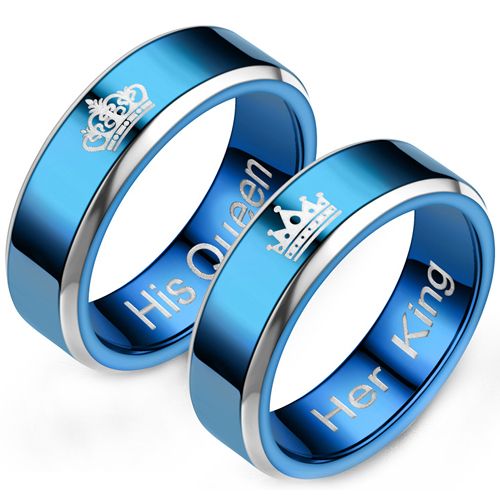 **COI Titanium Blue Silver His Queen Her King Crown Beveled Edges Ring-9524BB