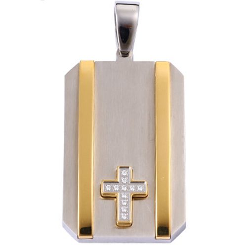 **COI Titanium Gold Tone Silver Cross Tag Pendant With Cubic Zirconia-9532BB