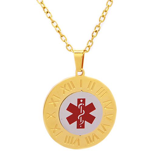 **COI Titanium Gold Tone Silver Medical Alert Pendant With Roman Numerals-9546BB