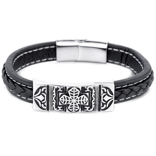 **COI Titanium Black Silver Cross Celtic Genuine Leather Bracelet With Steel Clasp(Length: 8.07 inches)-9666BB