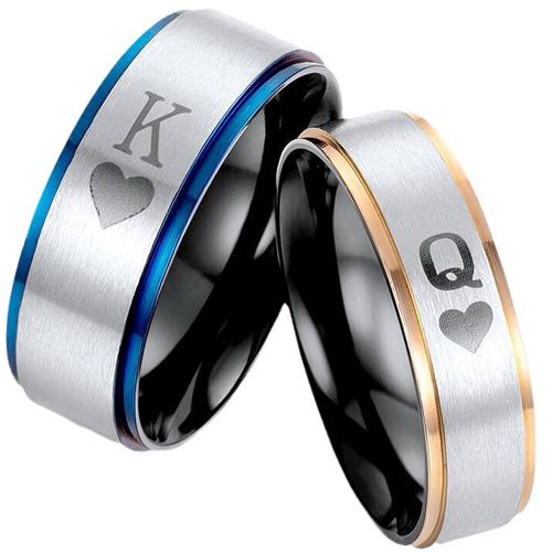 **COI Titanium Black Blue/Rose Silver King Queen Heart Step Edges Ring-9761BB