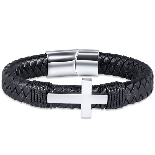 **COI Titanium Cross Genuine Leather Bracelet With Steel Clasp(Length: 7.87 inches)-9773BB