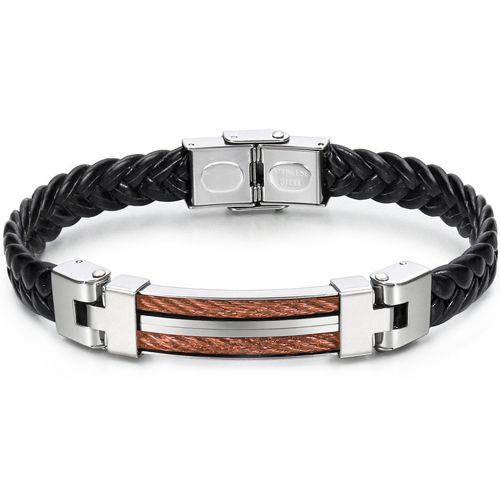**COI Titanium Silver Black/Gold Tone/Rose Wire Black Genuine Leather Bracelet With Steel Clasp(Length: 8.27 inches)-9793BB