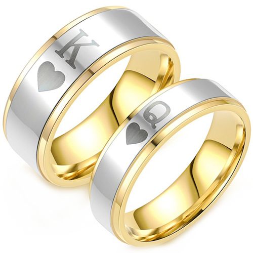 **COI Titanium Gold Tone Silver King Queen Crown & Heart Step Edges Ring-9900BB