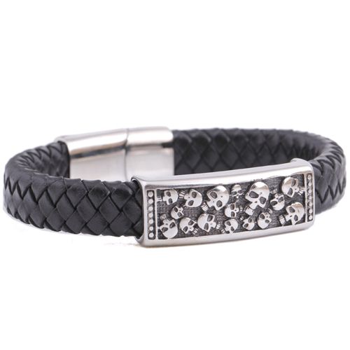 **COI Titanium Skull Black Genuine Leather Bracelet With Steel Clasp(Length: 8.27 inches)-9924BB