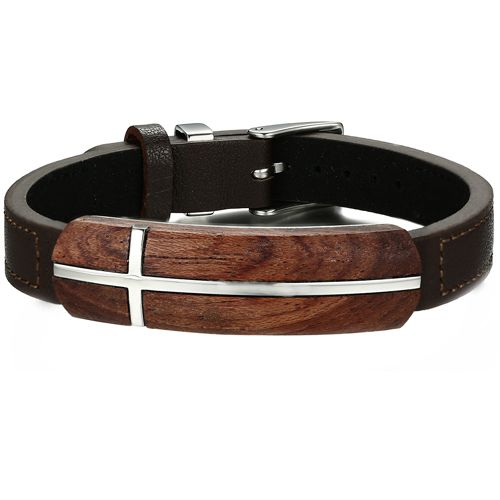 **COI Titanium Wood & Genuine Leather Cross Bracelet With Steel Clasp(Length: 8.27 inches)-9960BB