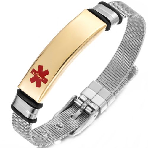 **COI Titanium Gold Tone Silver/Black/Silver Medical Alert Bracelet With Steel Clasp(Length: 9.06 inches)-99621BB