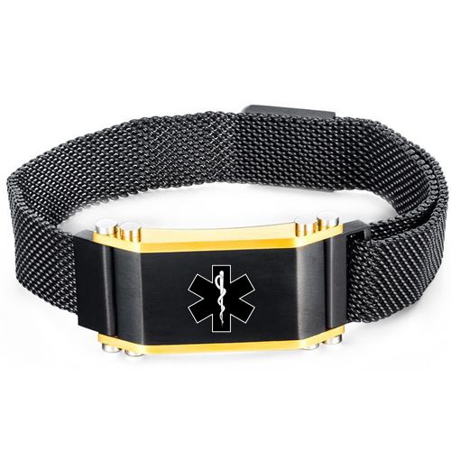 **COI Titanium Black Gold Tone Medical Alert Bracelet With Steel Clasp(Length: 8.27 inches)-9976BB