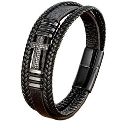 ***COI Titanium Black/ Silver/Gold Tone Cross Cubic Zirconia Genuine Leather Bracelet With Steel Clasp(Length: 8.27 inches)-00004BB