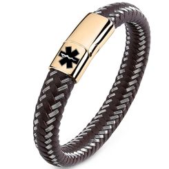 ***COI Titanium Black/Gold Tone Medical Alert Genuine Leather Bracelet With Steel Clasp(Length: 7.87 inches)-00006BB