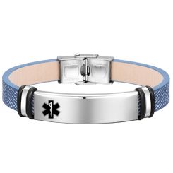 ***COI Titanium Black Silver Medical Alert Genuine Leather Bracelet With Steel Clasp(Length: 7.87 inches)-00019BB