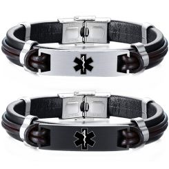 ***COI Titanium Black Silver Medical Alert Genuine Leather Bracelet With Steel Clasp(Length: 8.46 inches)-00028BB
