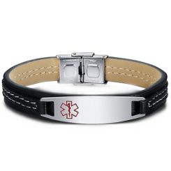 ***COI Titanium Medical Alert Genuine Leather Bracelet With Steel Clasp(Length: 8.27 inches)-00029BB