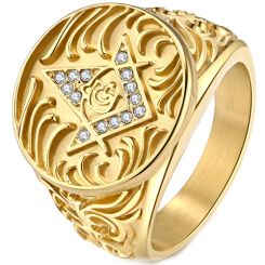 ***COI Gold Tone Titanium Masonic Freemason Ring With Cubic Zirconia-00040BB