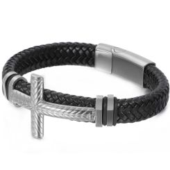 ***COI Titanium Black/Gold Tone/Silver Cross Genuine Leather Bracelet With Steel Clasp(Length: 8.46 inches)-00047BB