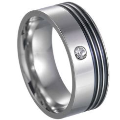 ***COI Titanium Black Silver Triple Grooves Ring With Cubic Zirconia-00052BB