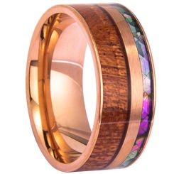 ***COI Titanium Black/Gold Tone/Rose/Silver Ring With Wood & Abalone Shell-00053BB