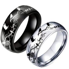 ***COI Titanium Black/Silver Branches & Bird Dome Court Ring-00056BB