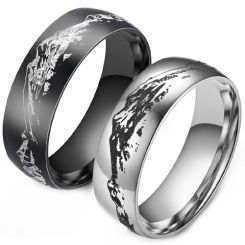 ***COI Titanium Black/Silver Mountain & Hill Dome Court Ring-00057BB