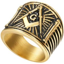 ***COI Titanium Black Gold Tone/Silver Masonic Freemason Ring-00063BB